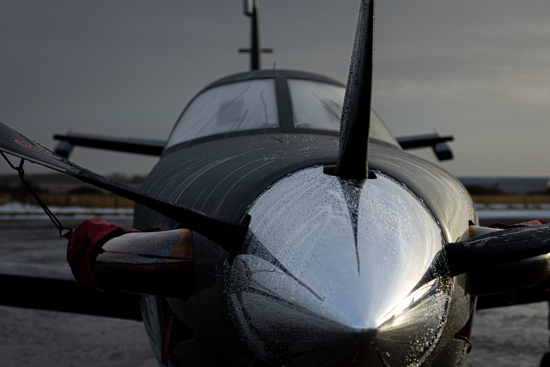 close up of private jet nose with dew drops in sylt